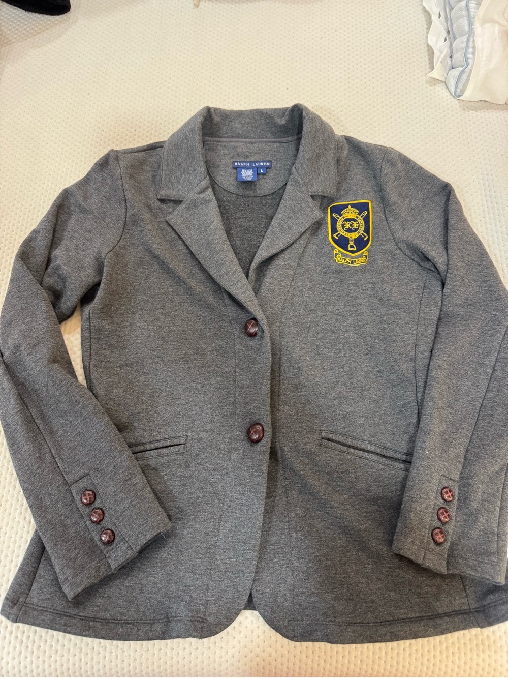 Ralph Lauren Gray Knit Blazer with Embroidered Crest